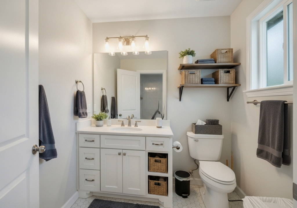 Beautifully completed budget small bathroom remodel in Walnut Creek CA by Raxe Construction.