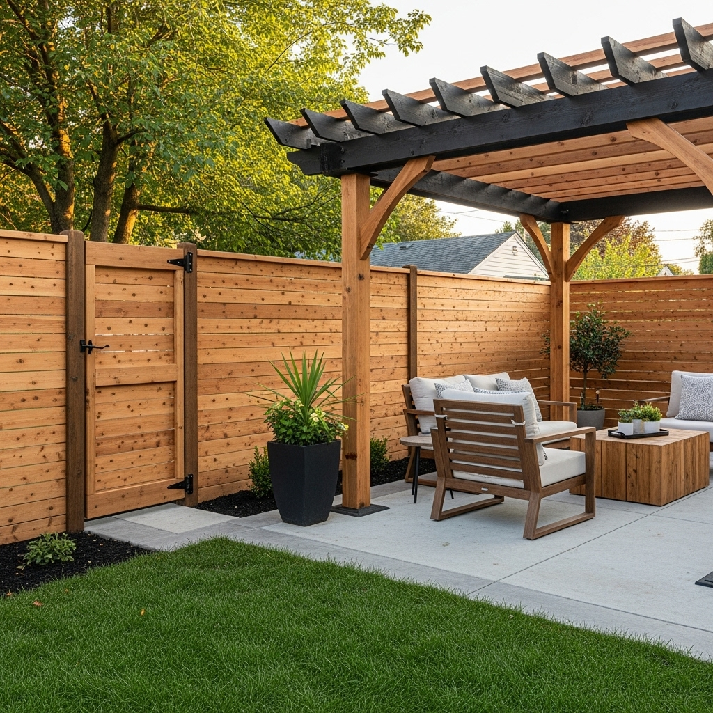 Deck & Patio Construction 2 A backyard patio with wooden privacy fence, pergola, outdoor seating, and potted plants creates a relaxing retreat—perfect for unwinding after a home renovation or kitchen remodel—featuring a square coffee table on a concrete slab next to the lawn.